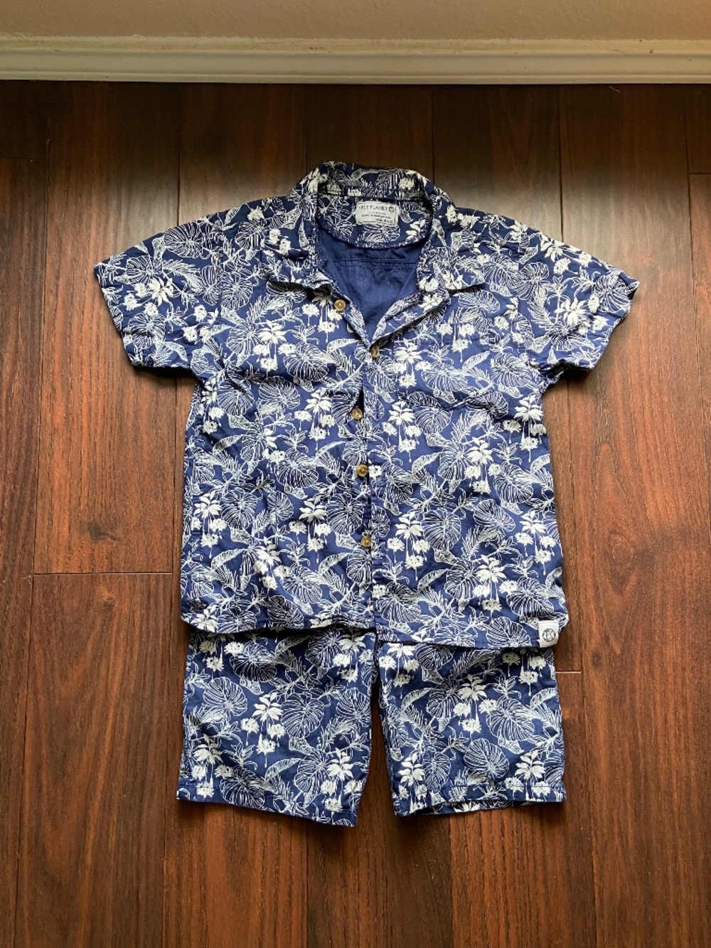 FREE PLANET Boys Beach Set Button Up Shirt & Shorts 100% Cotton Blue White 5T